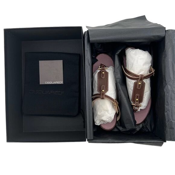 New Dsquared 2 Women 6 / 36 Sandals Brown Leather Flat Ankle Gold T-Strap Shoes - Picture 7 of 17